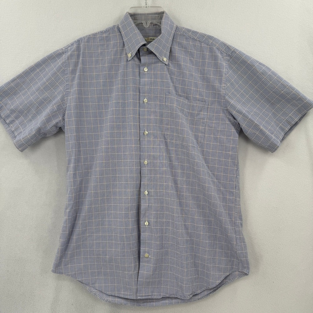 Peter Millar Button Down Shirt Mens Medium Blue Orange Check Short Sleeve Cotton